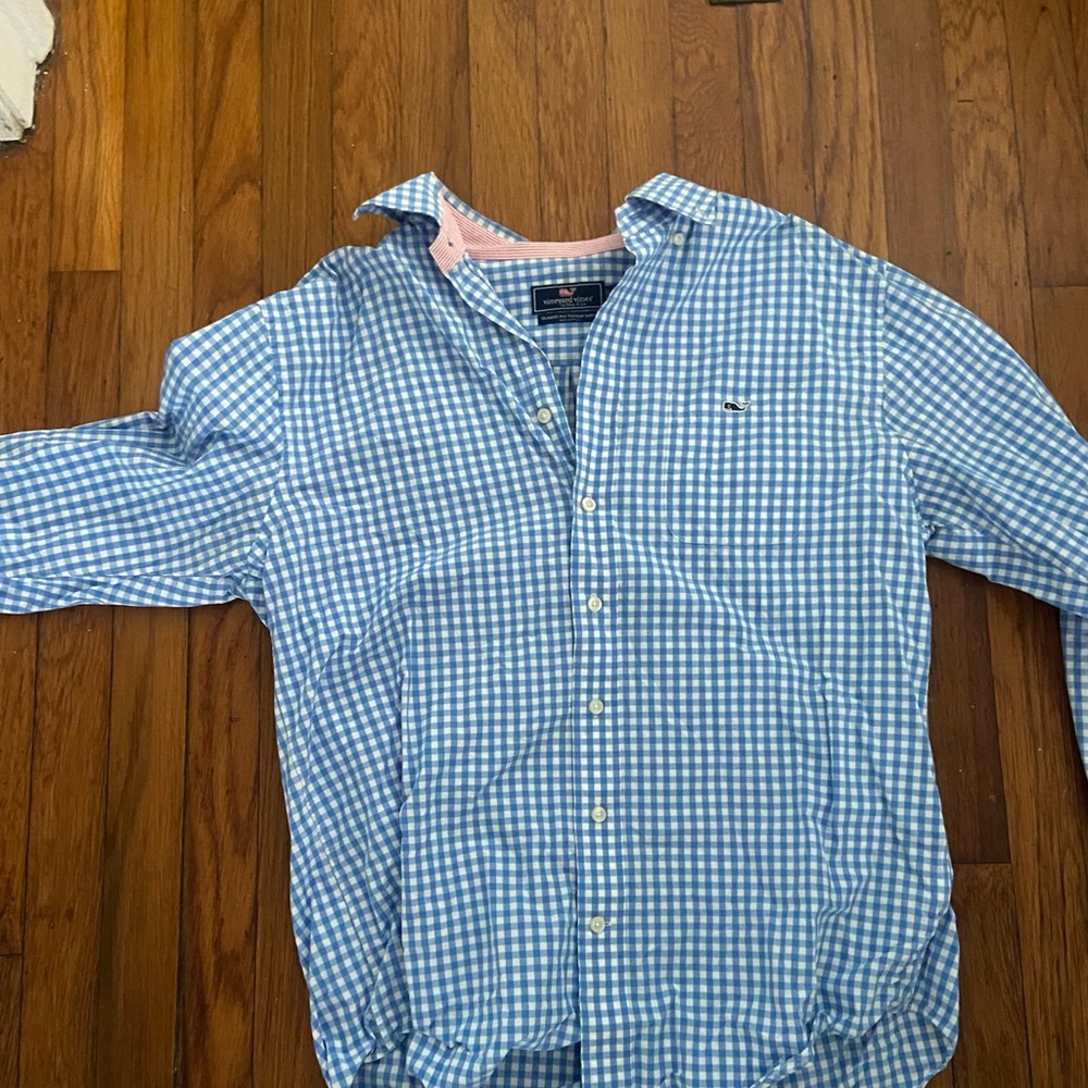 Men’s Large long sleeve button down blue and white gingham